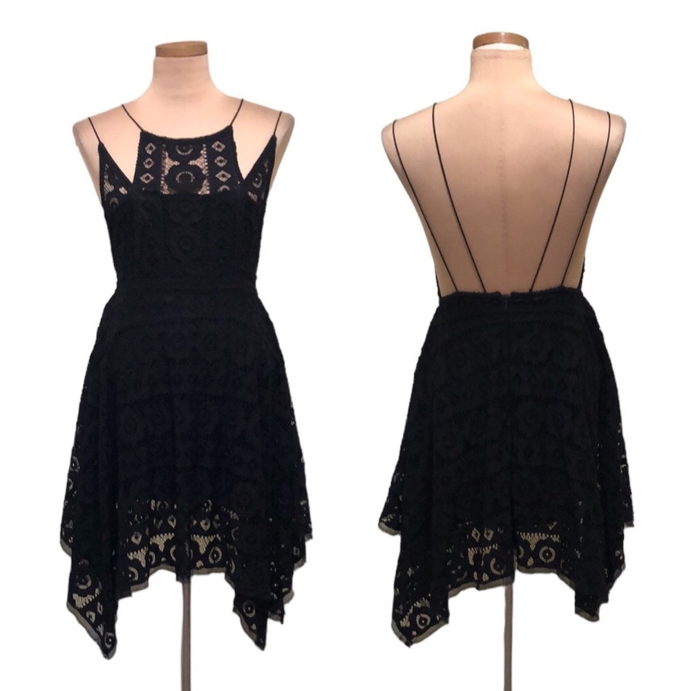 Free People Just Like Honey Dress Size 2 Black Floral Lace Asymmetrical Hem